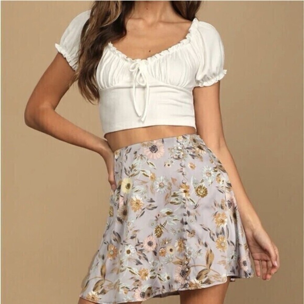 NWTLulu's Blooming Lavander Floral Print Satin Side-button Mini Skirt  M Lilac